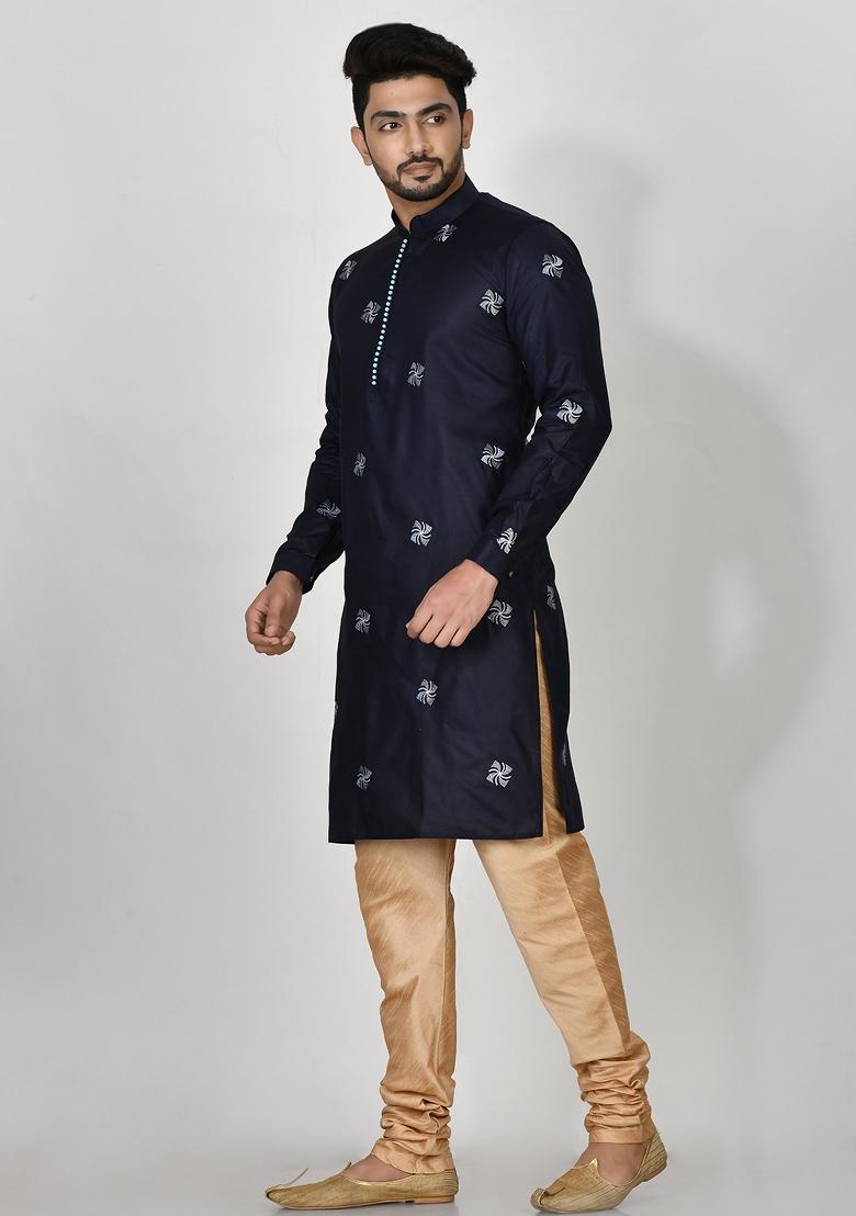 Blue Embroidered Cotton Kurta Set For Men