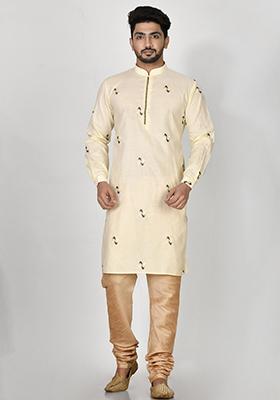Yellow Embroidered Cotton Kurta Set For Men