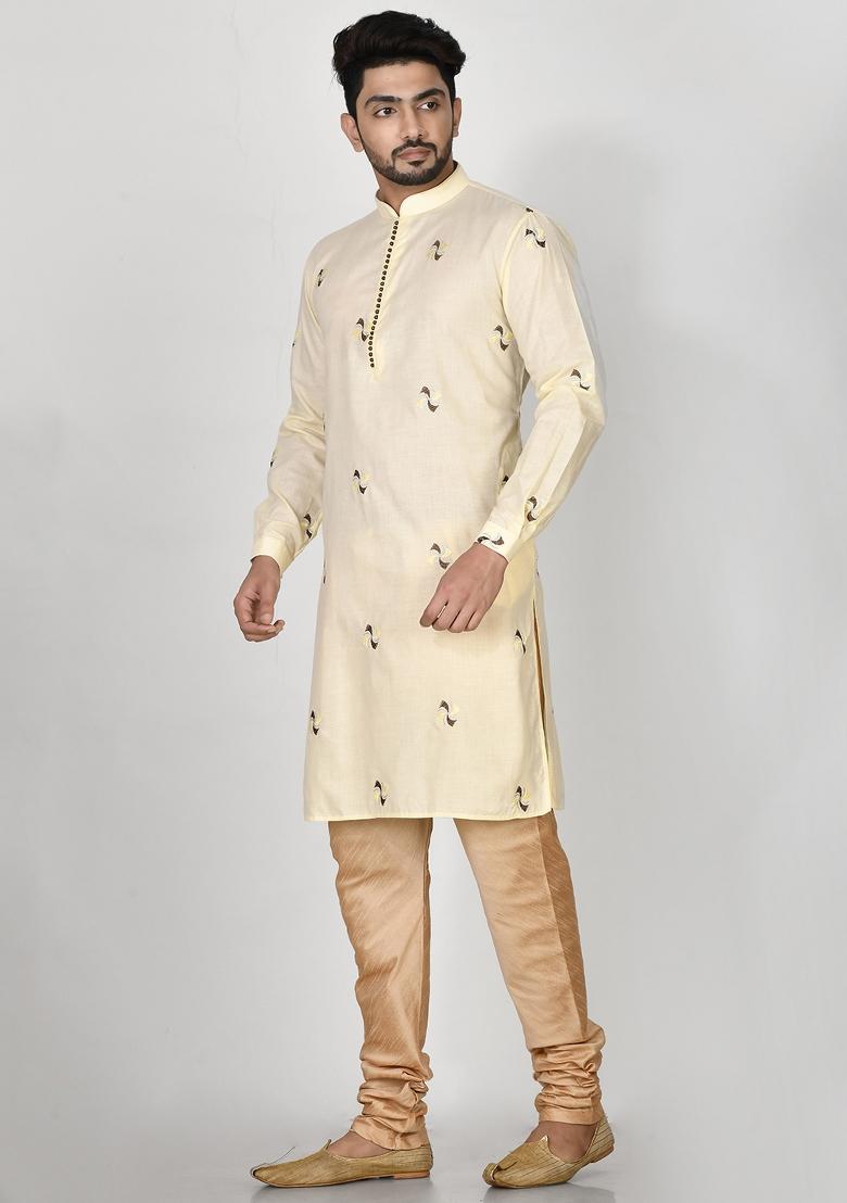 Yellow Embroidered Cotton Kurta Set For Men
