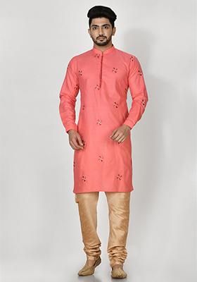 Pink Embroidered Cotton Kurta Set For Men