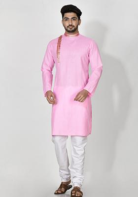 Pink Hand Embroidered Cotton Kurta Set For Men