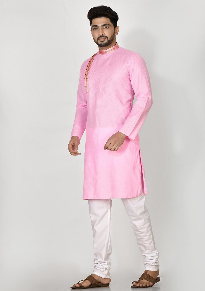 Pink Hand Embroidered Cotton Kurta Set For Men