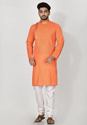 Orange Hand Embroidered Cotton Kurta Set For Men
