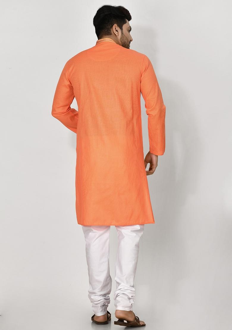 Orange Hand Embroidered Cotton Kurta Set For Men