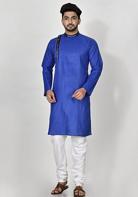 Blue Hand Embroidered Cotton Kurta Set For Men