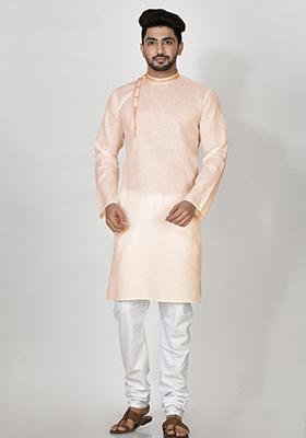 Beige Hand Embroidered Cotton Kurta Set For Men