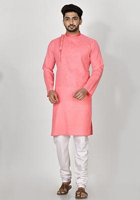 Pink Hand Embroidered Cotton Kurta Set For Men