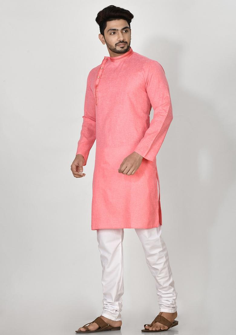 Pink Hand Embroidered Cotton Kurta Set For Men