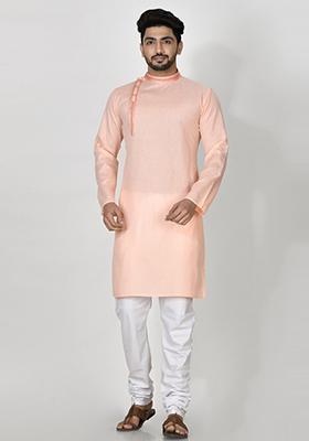 Pink Hand Embroidered Cotton Kurta Set For Men