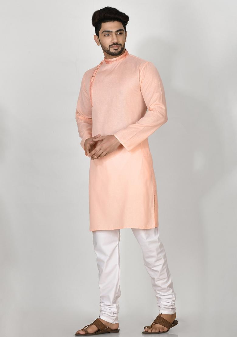 Pink Hand Embroidered Cotton Kurta Set For Men