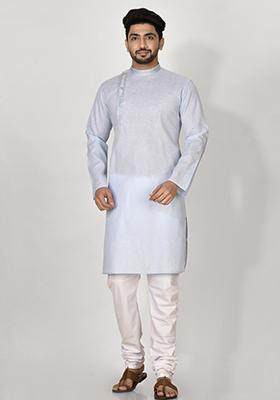 Sky Blue Hand Embroidered Cotton Kurta Set For Men