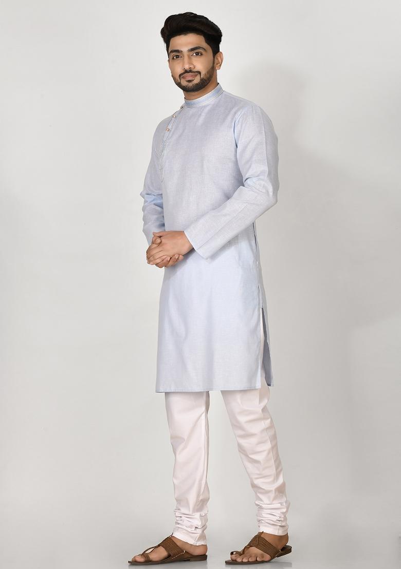 Sky Blue Hand Embroidered Cotton Kurta Set For Men