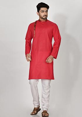 Red Hand Embroidered Cotton Kurta Set For Men