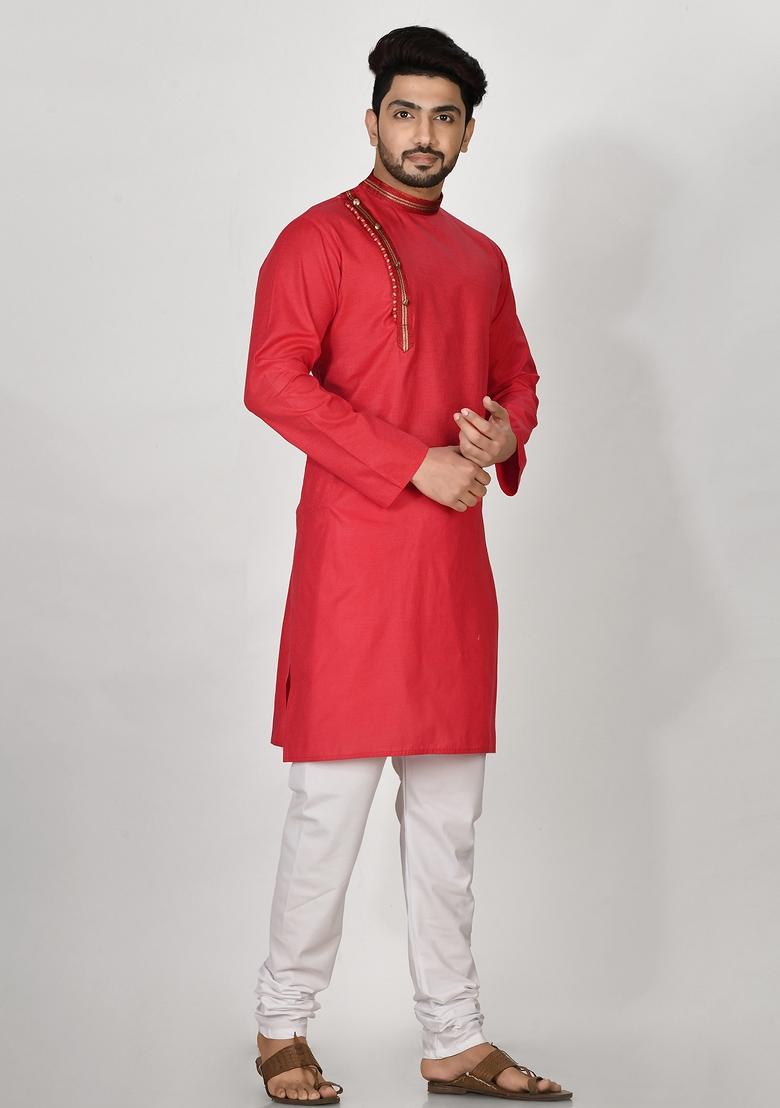 Red Hand Embroidered Cotton Kurta Set For Men