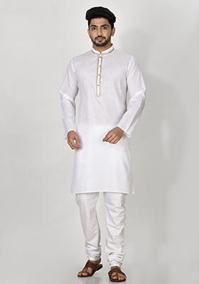 White Hand Embroidered Cotton Kurta Set For Men