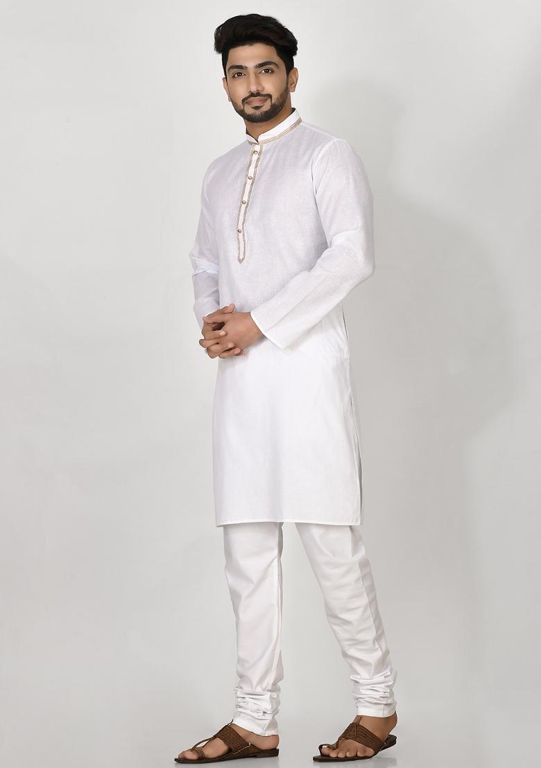 White Hand Embroidered Cotton Kurta Set For Men