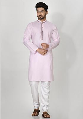 Purple Hand Embroidered Cotton Kurta Set For Men