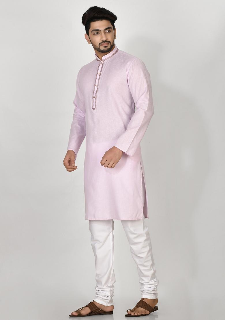 Purple Hand Embroidered Cotton Kurta Set For Men