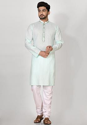 Green Hand Embroidered Cotton Kurta Set For Men