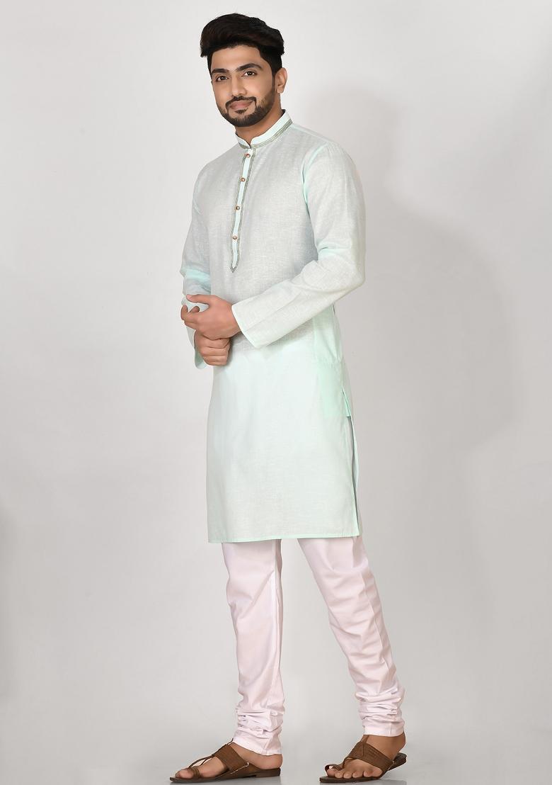 Green Hand Embroidered Cotton Kurta Set For Men
