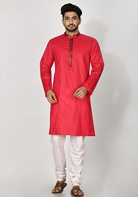 Red Hand Embroidered Cotton Kurta Set For Men