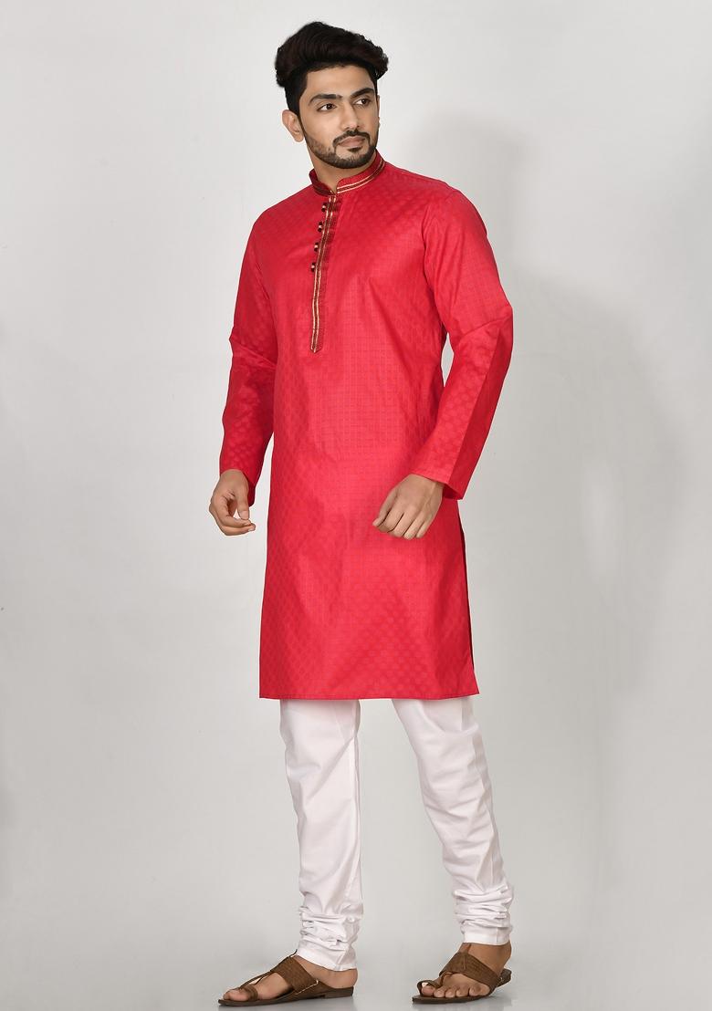Red Hand Embroidered Cotton Kurta Set For Men