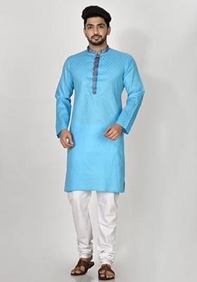 Firozi Hand Embroidered Cotton Kurta Set For Men