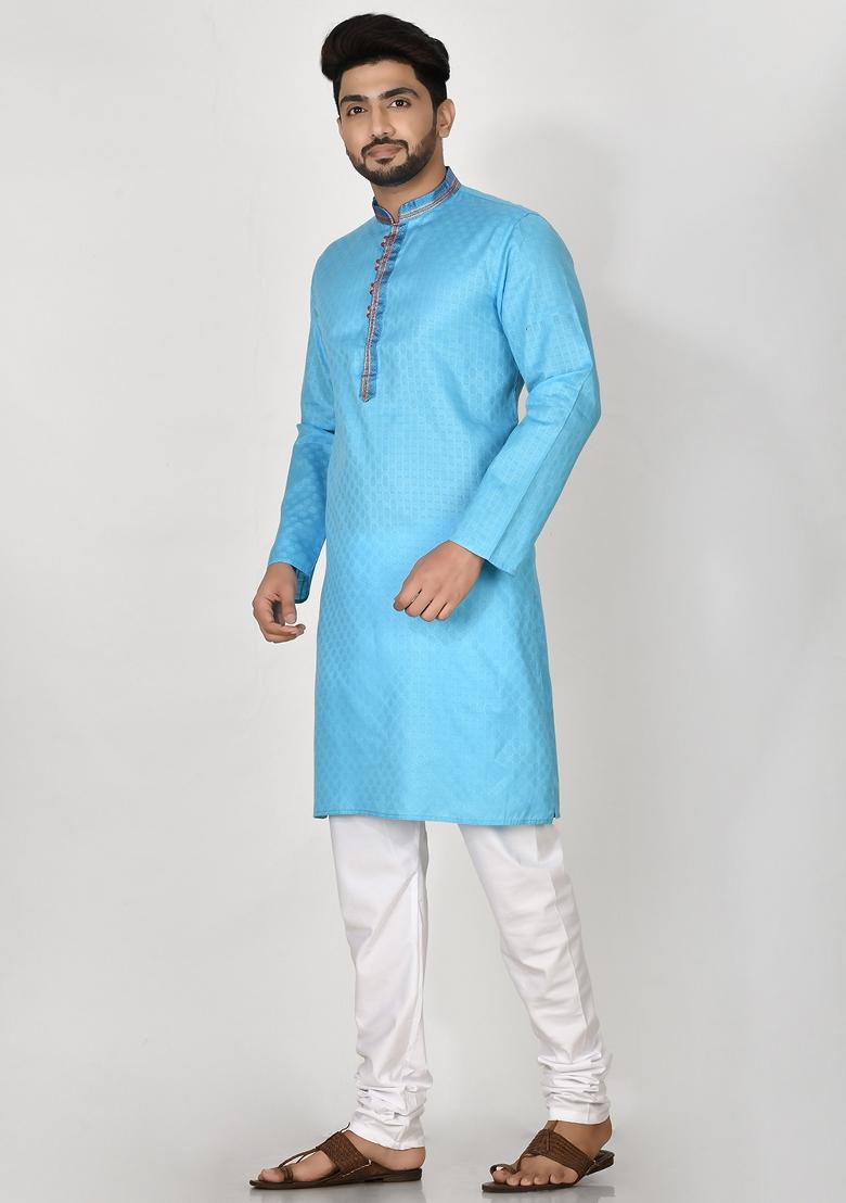Firozi Hand Embroidered Cotton Kurta Set For Men