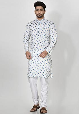 Blue Printed Cotton Blend Kurta Set For Men