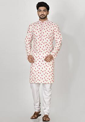 Red Printed Cotton Blend Kurta Set For Men