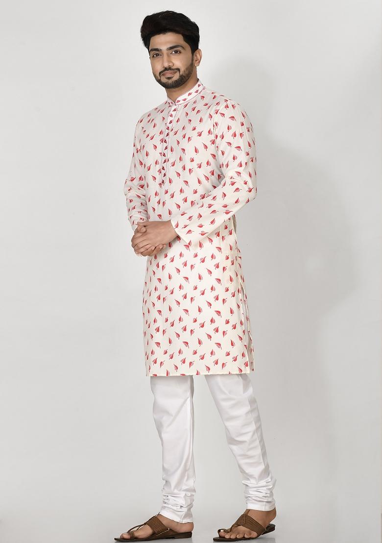 Red Printed Cotton Blend Kurta Set For Men