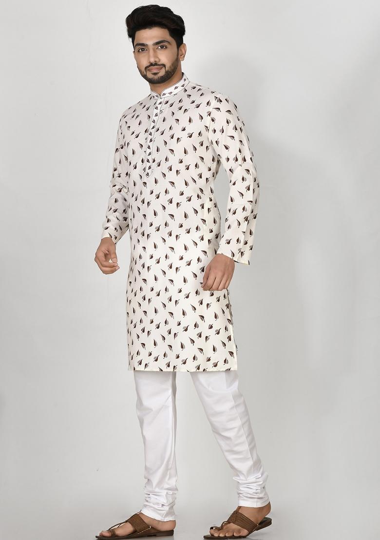Brown Printed Cotton Blend Kurta Set For Men