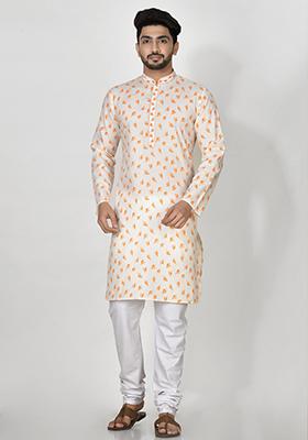 Yellow Printed Cotton Blend Kurta Set For Men