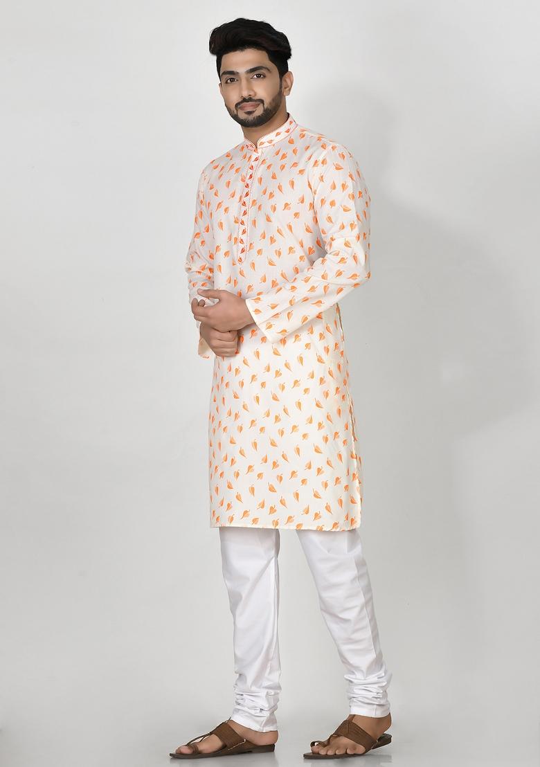 Yellow Printed Cotton Blend Kurta Set For Men