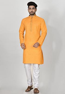 Yellow Embroidered Cotton Kurta Set For Men