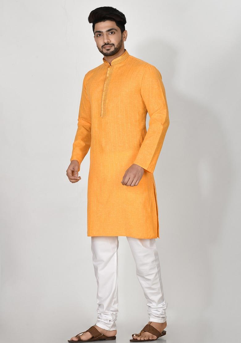 Yellow Embroidered Cotton Kurta Set For Men