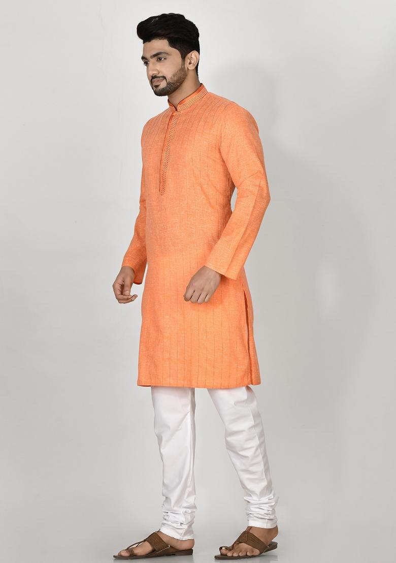 Orange Embroidered Cotton Kurta Set For Men