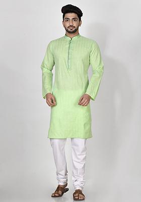 Pista Green Printed Cotton Kurta Set For Men