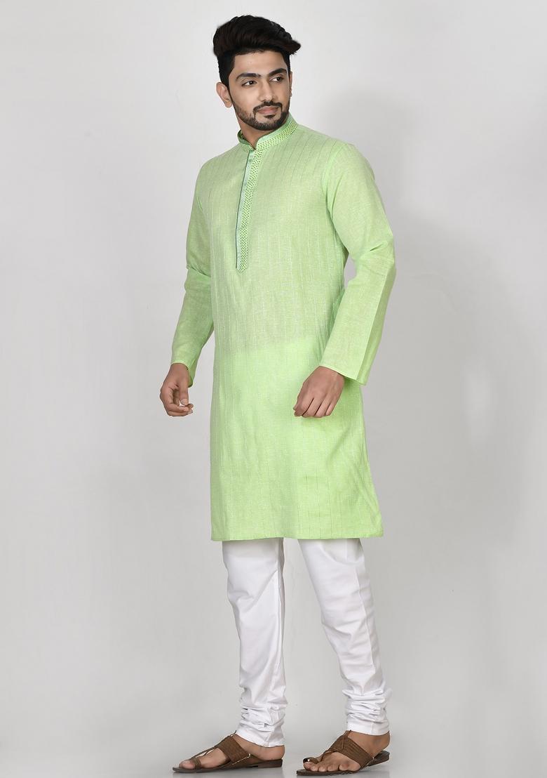 Pista Green Printed Cotton Kurta Set For Men
