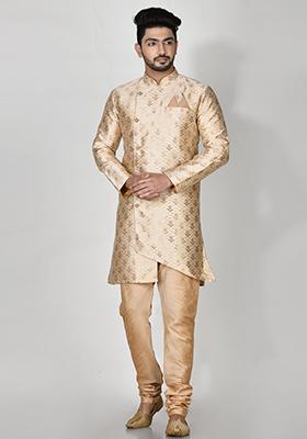Cream Printed Jacquard Kurta Set For Men