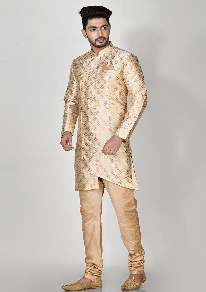Cream Printed Jacquard Kurta Set For Men