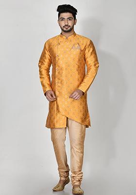 Yellow Printed Jacquard Kurta Set For Men
