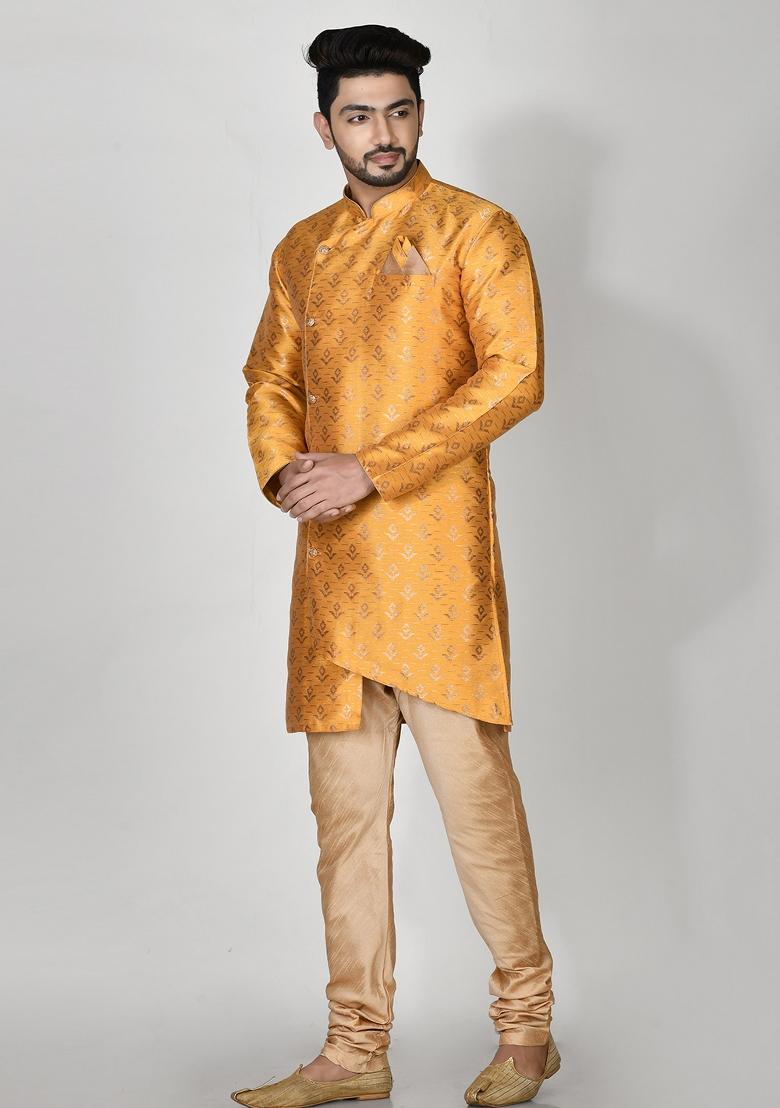Yellow Printed Jacquard Kurta Set For Men