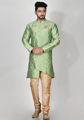 Pista Green Printed Jacquard Kurta Set For Men