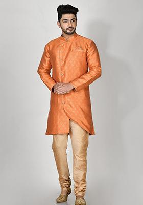 Orange Printed Jacquard Kurta Set For Men