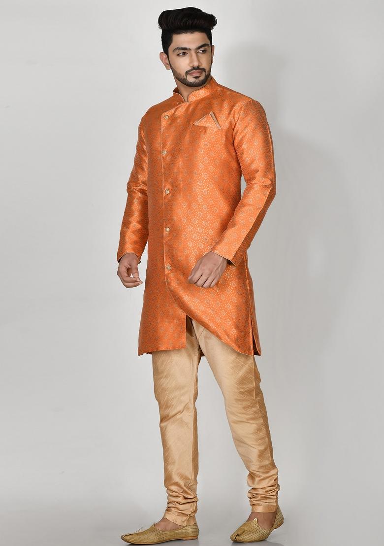 Orange Printed Jacquard Kurta Set For Men
