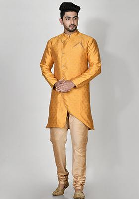 Yellow Printed Jacquard Kurta Set For Men