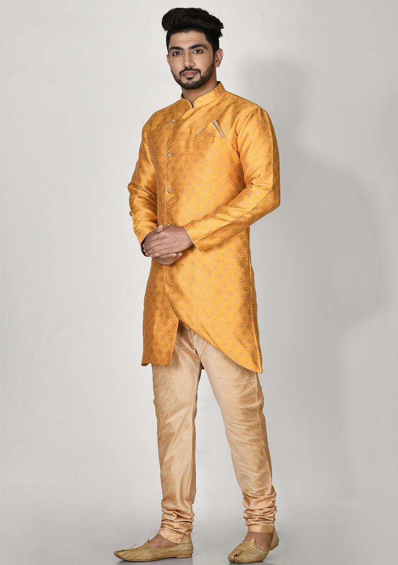Yellow Printed Jacquard Kurta Set For Men