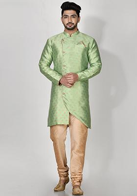 Pista Green Printed Jacquard Kurta Set For Men