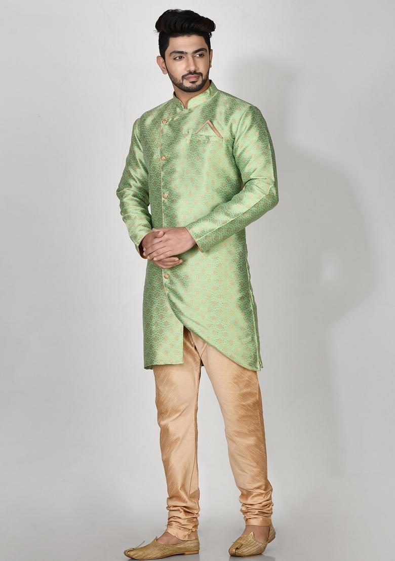 Pista Green Printed Jacquard Kurta Set For Men